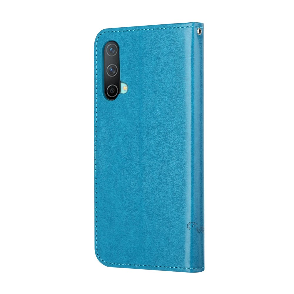 Flower Butterfly Imprint Leather Wallet Stand Phone Cover with Lanyard for OnePlus Nord CE 5G - Blue-3