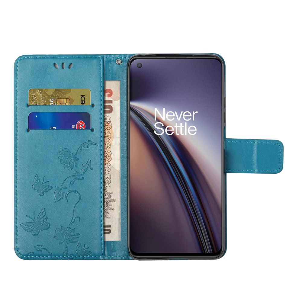 Flower Butterfly Imprint Leather Wallet Stand Phone Cover with Lanyard for OnePlus Nord CE 5G - Blue-5