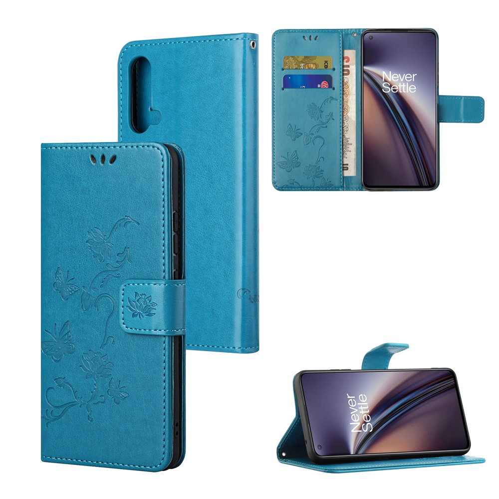 Flower Butterfly Imprint Leather Wallet Stand Phone Cover with Lanyard for OnePlus Nord CE 5G - Blue-7