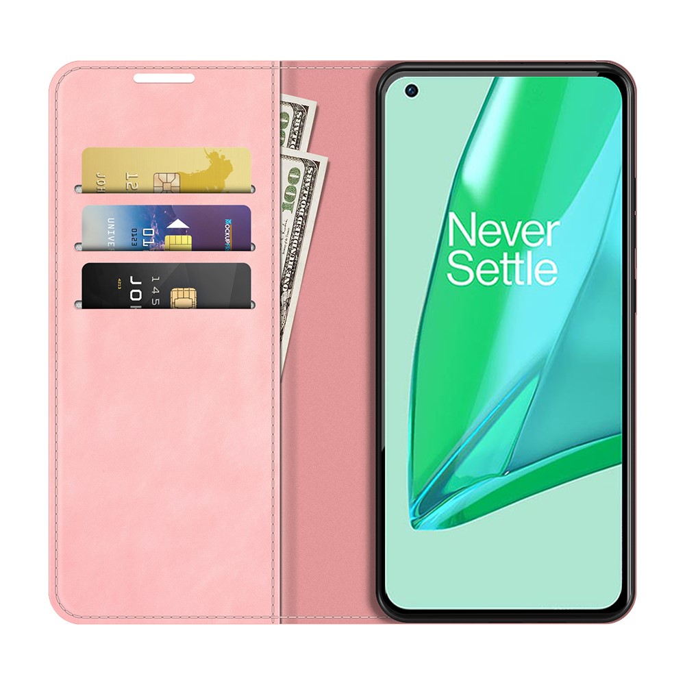 Wallet Stand Design Full Protection Magnetischer Automatisch Absorbierter Ledertelefon Case-Abdeckung Für OnePlus 9 Pro - Rosa