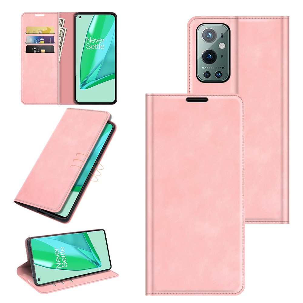 Wallet Stand Design Full Protection Magnetischer Automatisch Absorbierter Ledertelefon Case-Abdeckung Für OnePlus 9 Pro - Rosa