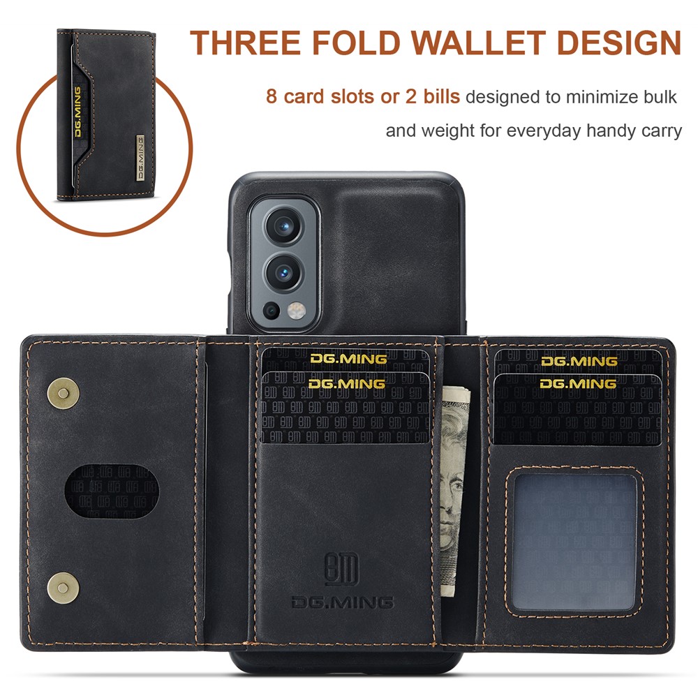 DG.MING M2 Series Magnetic Wallet Design Hybrid Case with Kickstand Support Wireless Charging for OnePlus Nord 2 5G - Black-10