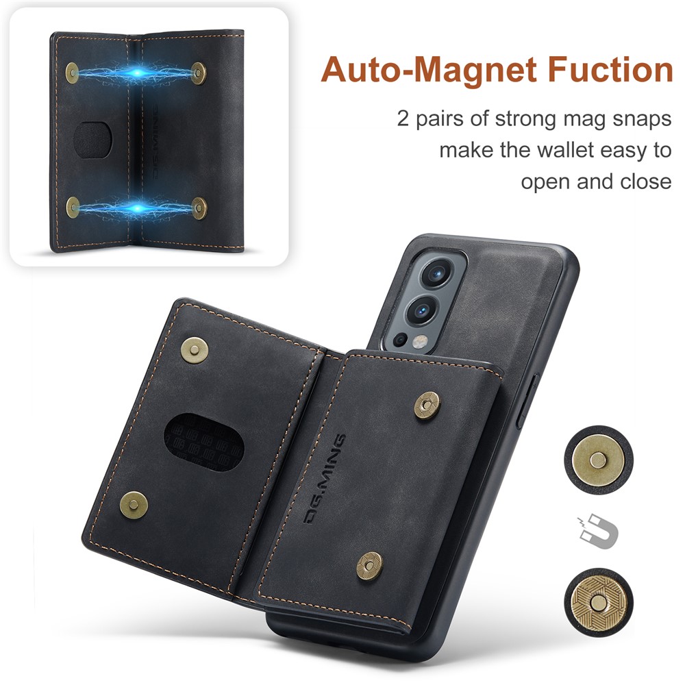 DG.MING M2 Series Magnetic Wallet Design Hybrid Case with Kickstand Support Wireless Charging for OnePlus Nord 2 5G - Black-11