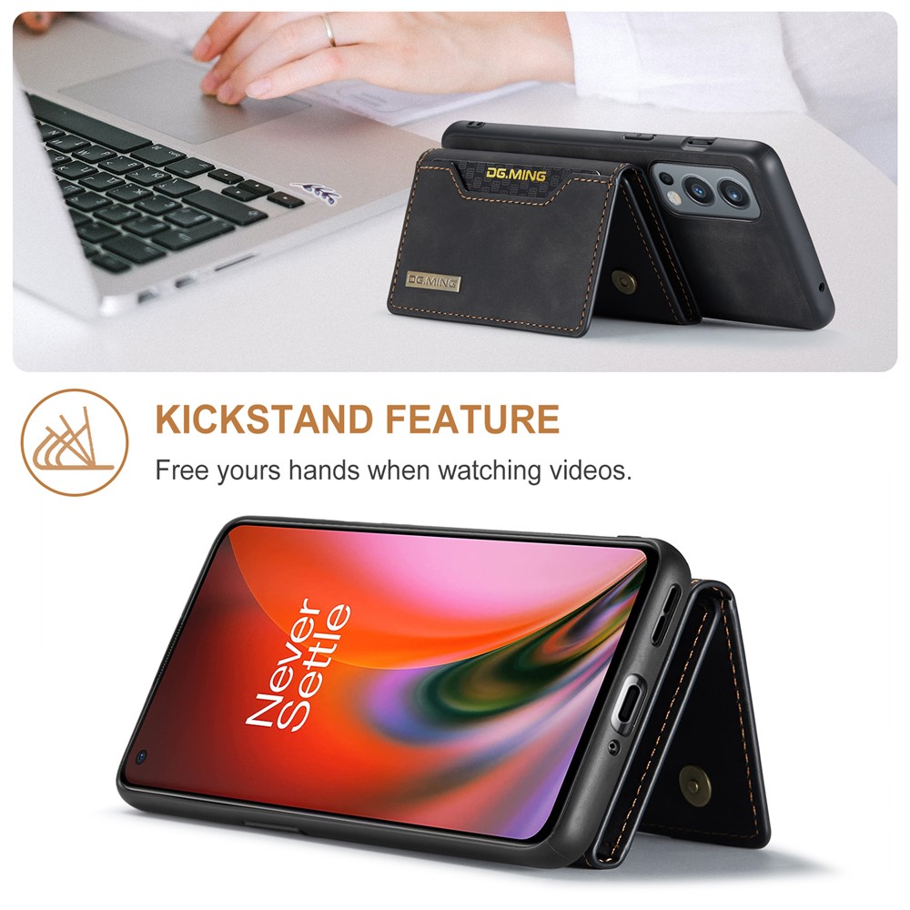 DG.MING M2 Series Magnetic Wallet Design Hybrid Case with Kickstand Support Wireless Charging for OnePlus Nord 2 5G - Black-5