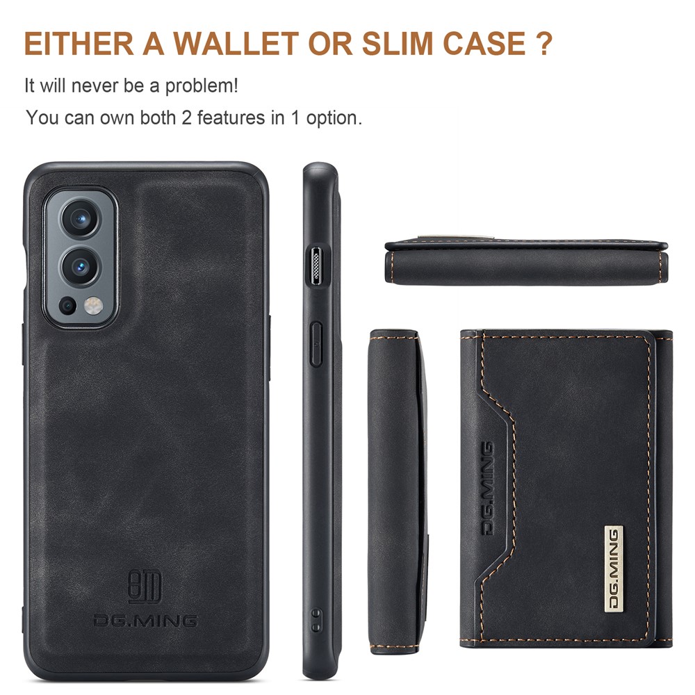 DG.MING M2 Series Magnetic Wallet Design Hybrid Case with Kickstand Support Wireless Charging for OnePlus Nord 2 5G - Black-6