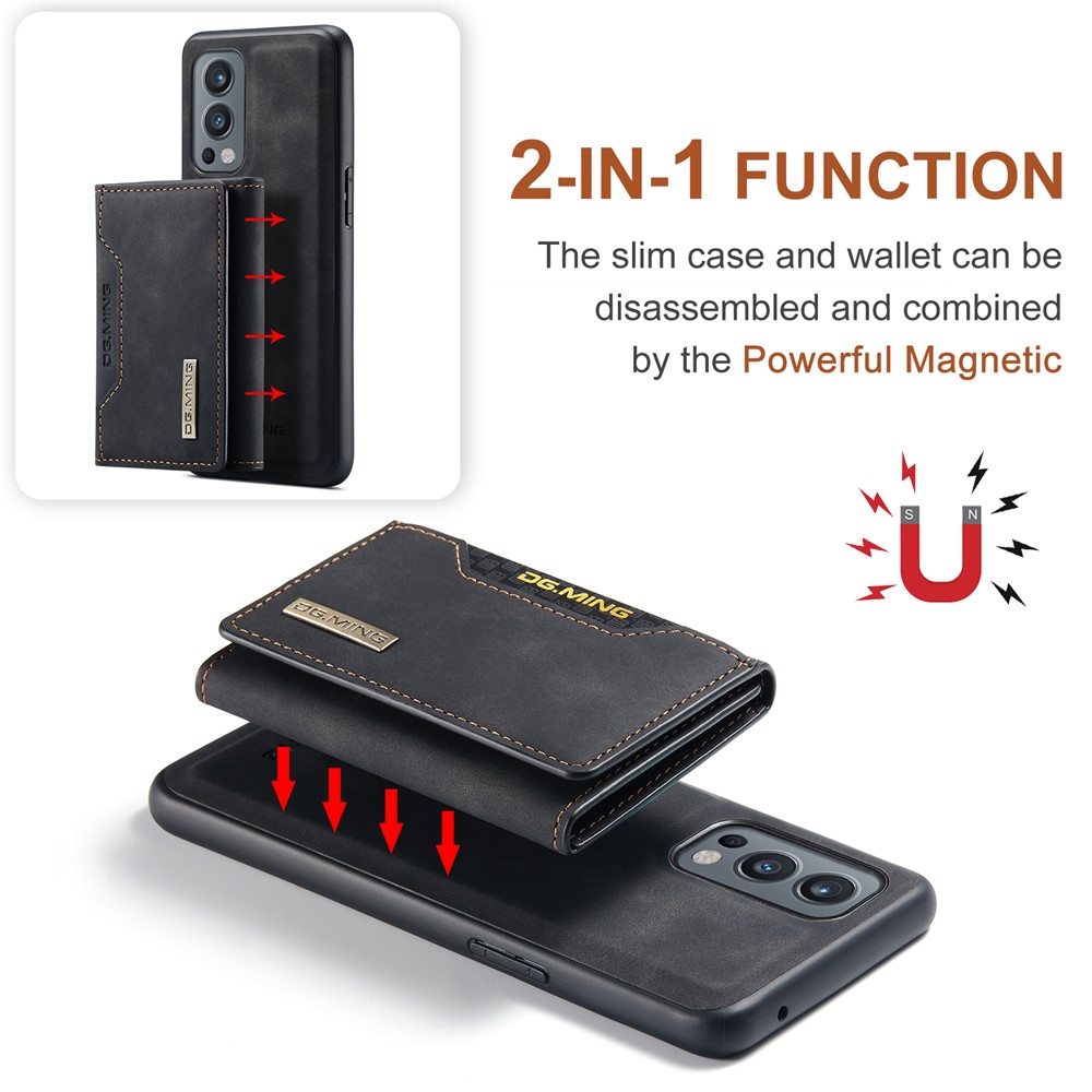 DG.MING M2 Series Magnetic Wallet Design Hybrid Case with Kickstand Support Wireless Charging for OnePlus Nord 2 5G - Black-8
