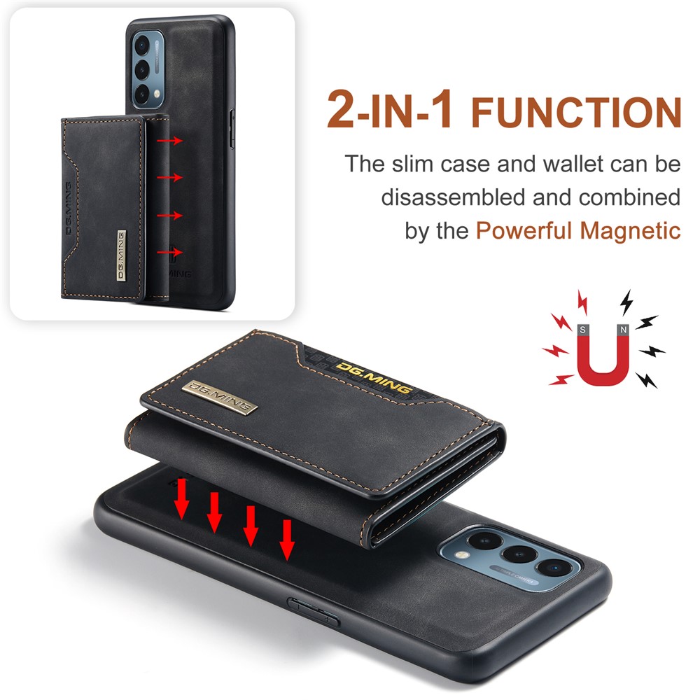 DG.MING M2 Series Support Wireless Charging Anti-Drop Magnetic Wallet Design Hybrid Case with Kickstand for OnePlus Nord 200 5G - Black-5