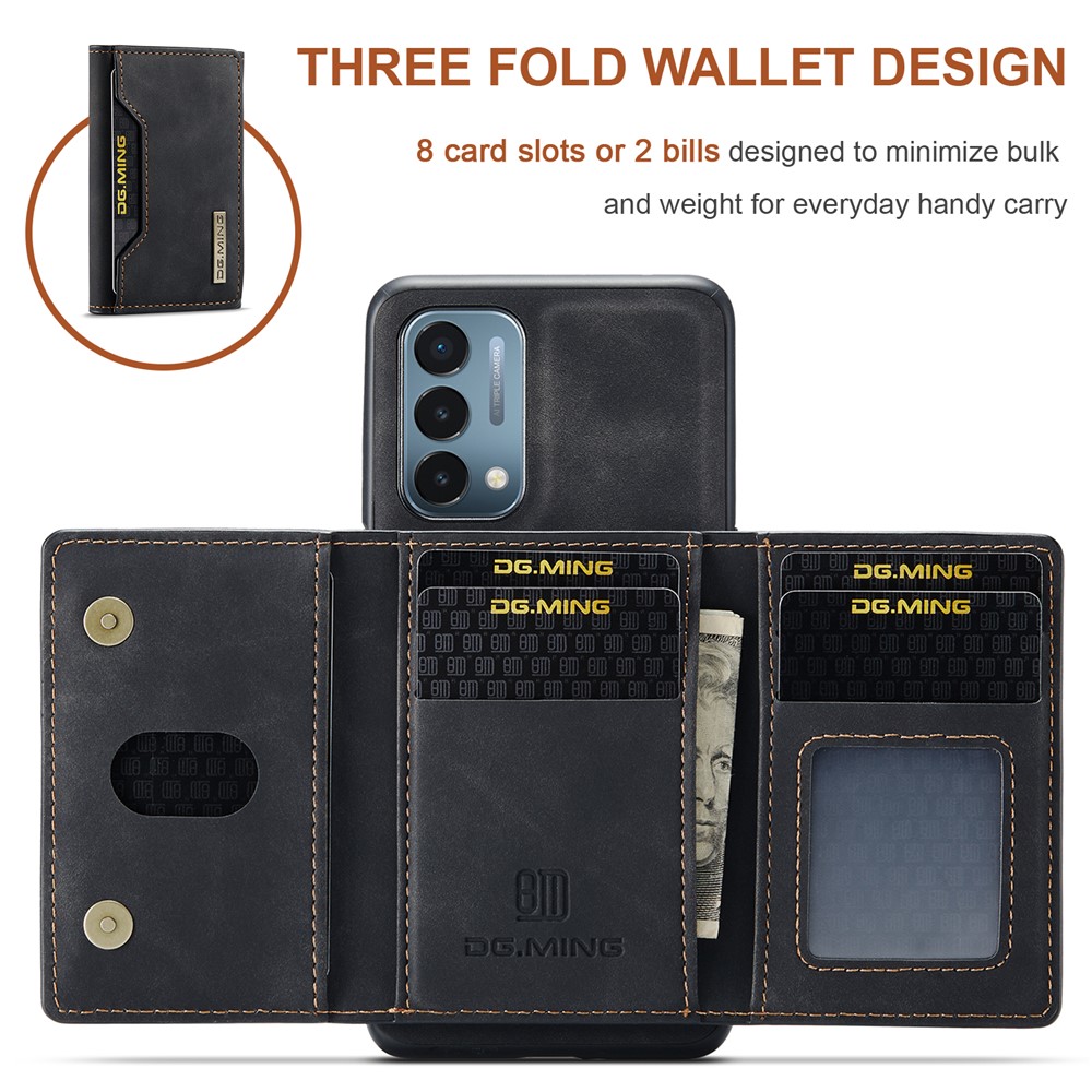 DG.MING M2 Series Support Wireless Charging Anti-Drop Magnetic Wallet Design Hybrid Case with Kickstand for OnePlus Nord 200 5G - Black-7