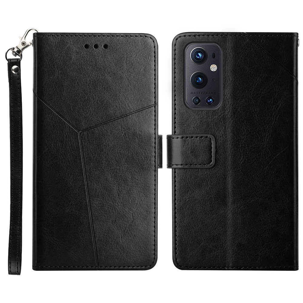 Shock Buffer Soft Inner TPU + Outer PU Leather Y-shaped Line Imprinting Phone Wallet Shell Stand Cover for OnePlus 9 Pro - Black-1