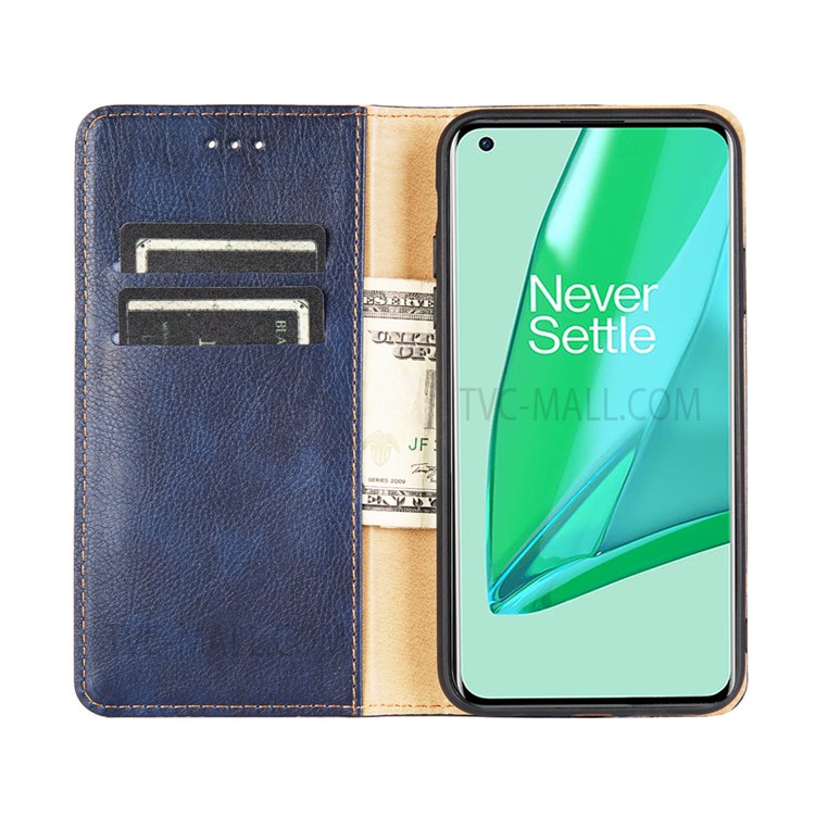 Solid Color Magnetic Auto-absorbed PU Leather Phone Protective Shell Case with Wallet Stand for OnePlus 9RT 5G - Blue-4