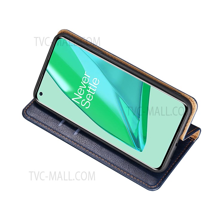 Solid Color Magnetic Auto-absorbed PU Leather Phone Protective Shell Case with Wallet Stand for OnePlus 9RT 5G - Blue-5