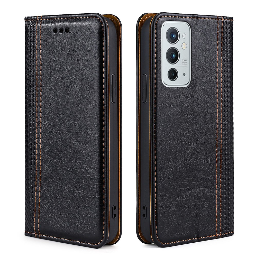 Plaid Pattern Splicing PU Leather Stand Card Slot Auto Magnetic Closed Case for OnePlus 9RT 5G - Black-1