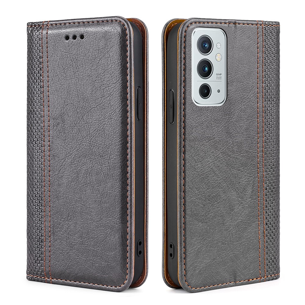 Plaid Pattern Splicing PU Leather Stand Card Slot Auto Magnetic Closed Case for OnePlus 9RT 5G - Grey-1