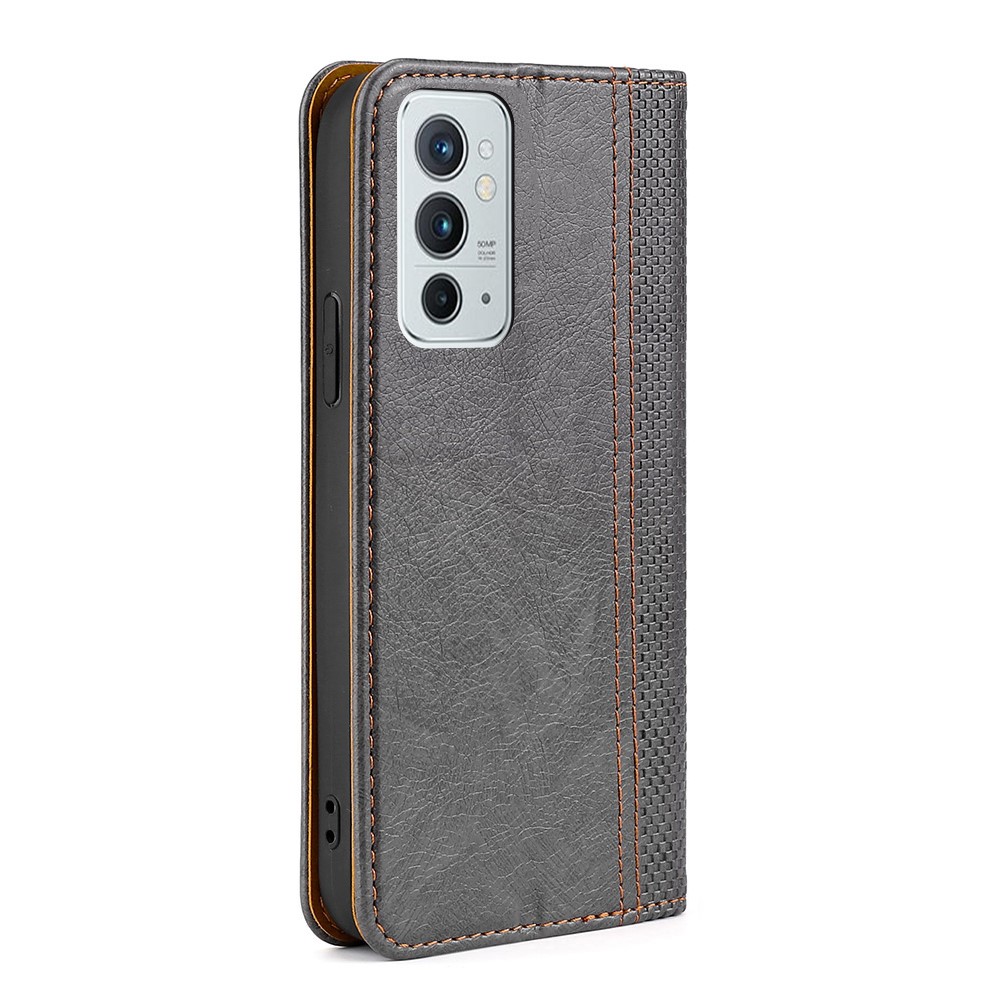 Plaid Pattern Splicing PU Leather Stand Card Slot Auto Magnetic Closed Case for OnePlus 9RT 5G - Grey-3