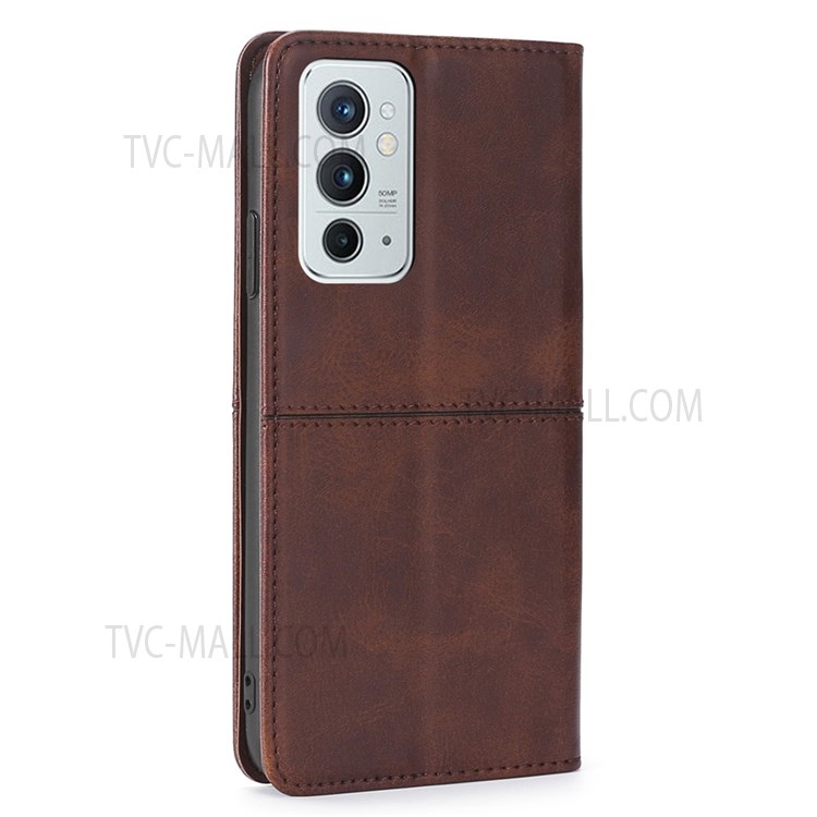 Anti-fall Scratch-resistant Card Slots Design Magnetic Closing Leather Phone Stand Cover Case for OnePlus 9RT 5G - Dark Brown-3