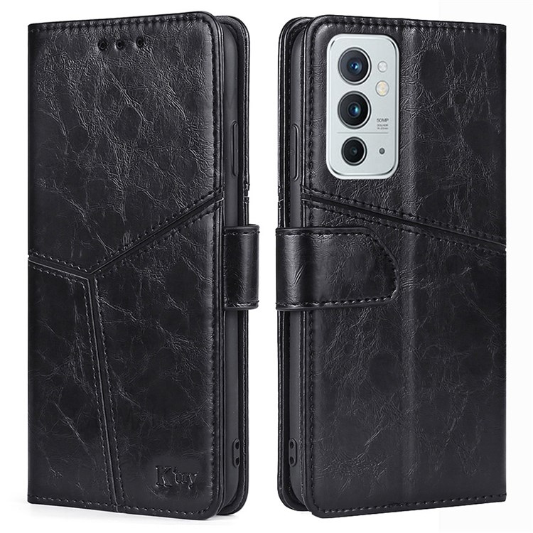 Splicing Geometric Pattern Anti-fall Leather Wallet Stand Phone Case Shell for OnePlus 9RT 5G - Black-1