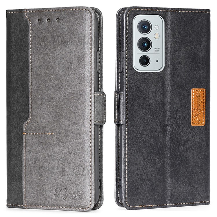 Contrast Color Splicing Retro Texture PU Leather Wallet Shockproof Anti-Scratch Protective Cover for OnePlus 9RT 5G - Black/Grey-1