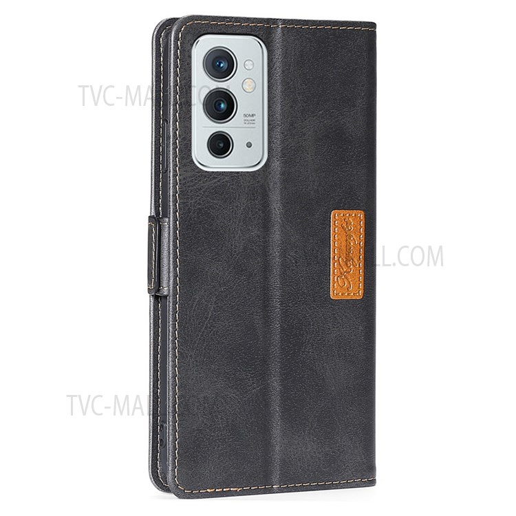Contrast Color Splicing Retro Texture PU Leather Wallet Shockproof Anti-Scratch Protective Cover for OnePlus 9RT 5G - Black/Grey-3