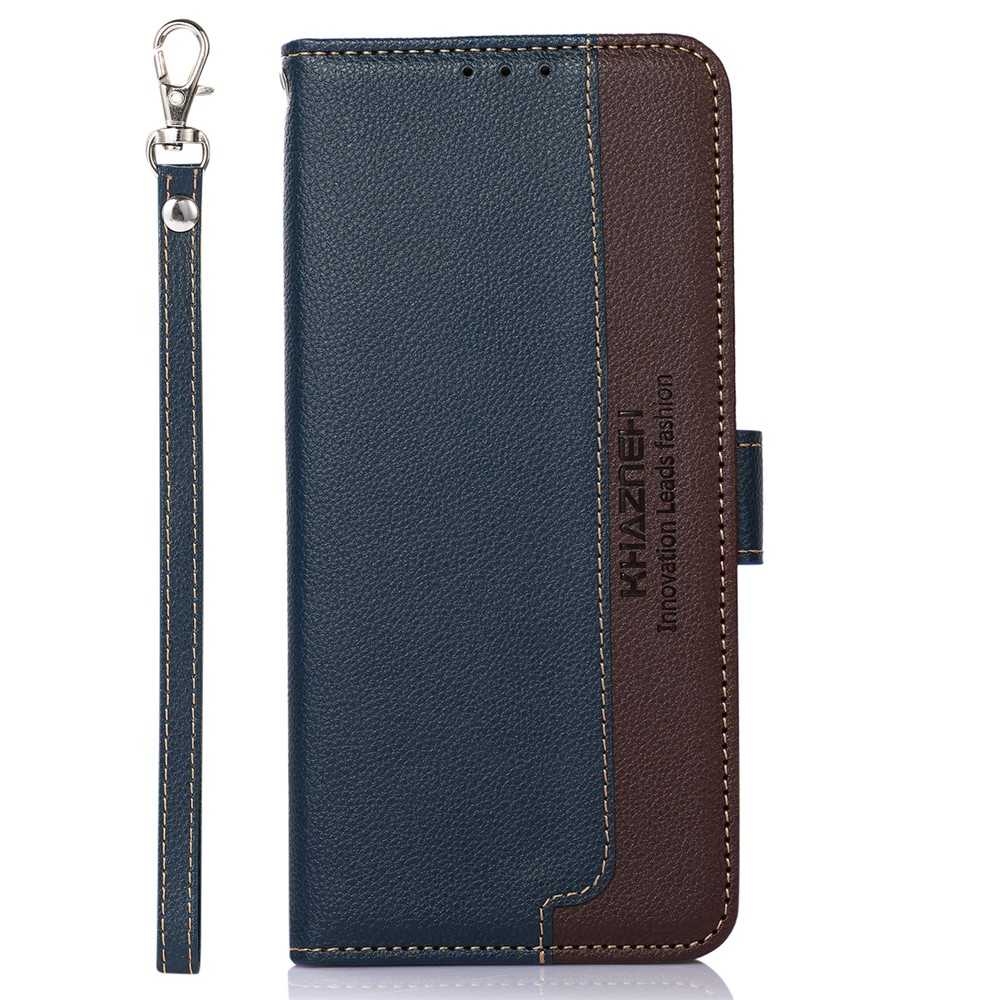 KHAZNEH RFID Blocking Privacy-Protecting Litchi Texture Leather Wallet Phone Case with Handy Strap for OnePlus 9RT 5G - Blue-2
