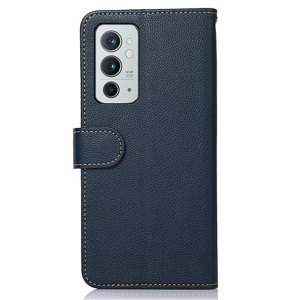 KHAZNEH RFID Blocking Privacy-Protecting Litchi Texture Leather Wallet Phone Case with Handy Strap for OnePlus 9RT 5G - Blue-3