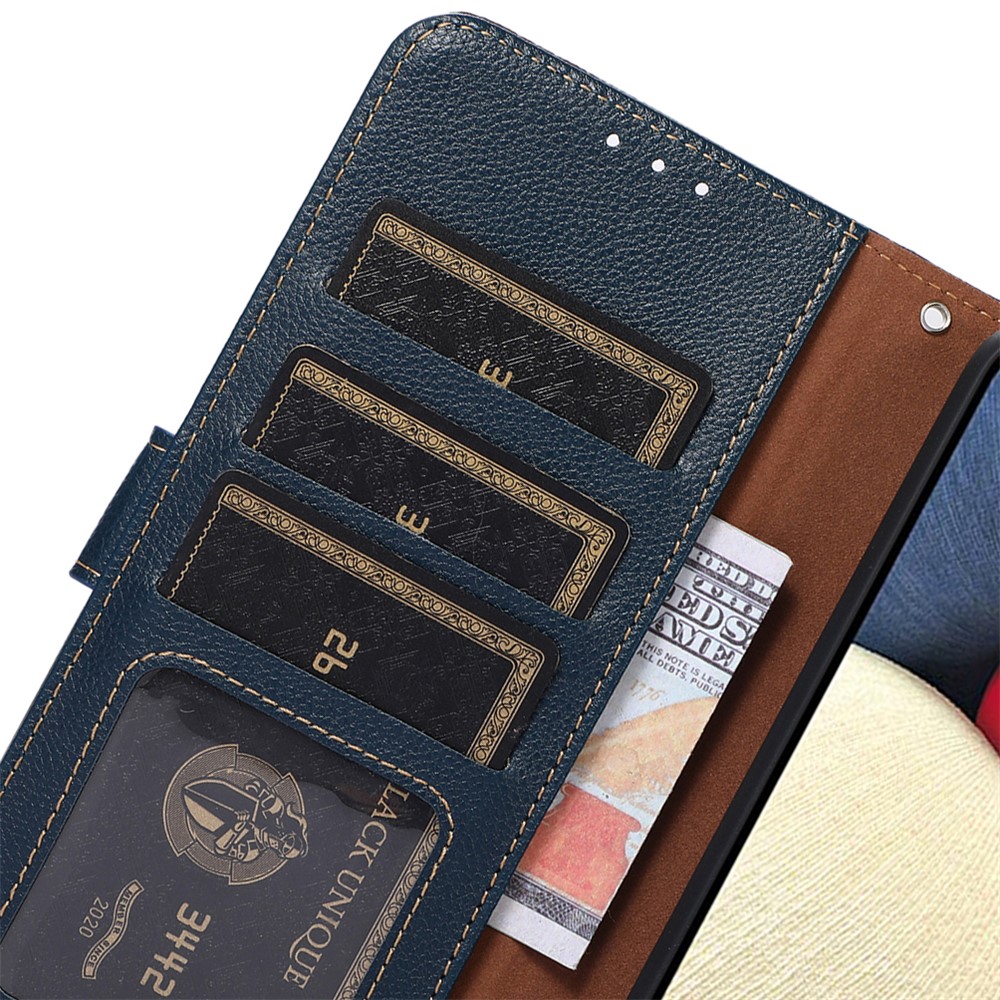 KHAZNEH RFID Blocking Privacy-Protecting Litchi Texture Leather Wallet Phone Case with Handy Strap for OnePlus 9RT 5G - Blue-7