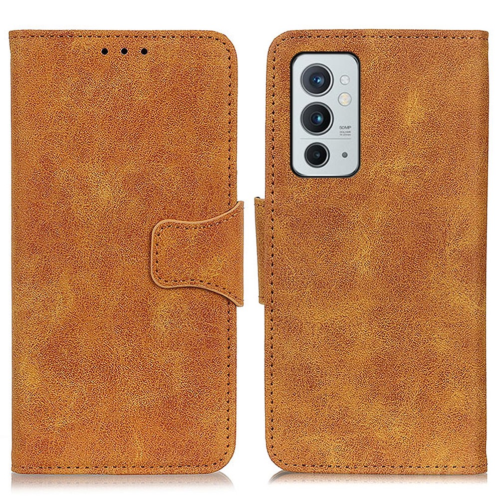 Folio Flip Retro Style Split Leather Wallet Protective Case with Adjustable Stand Design for OnePlus 9RT 5G - Yellow-1