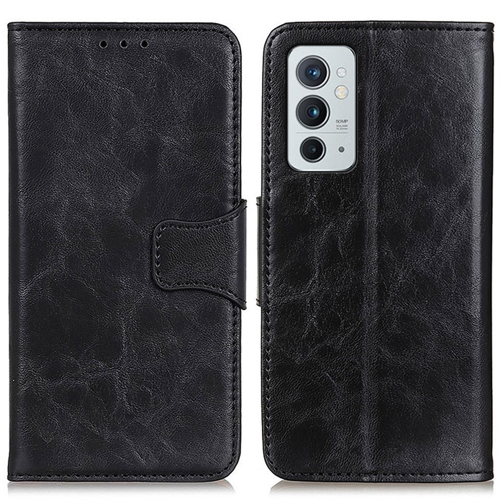 Folio Flip Crazy Horse Texture Split Leather Wallet Protective Case with Adjustable Stand Design for OnePlus 9RT 5G - Black-1