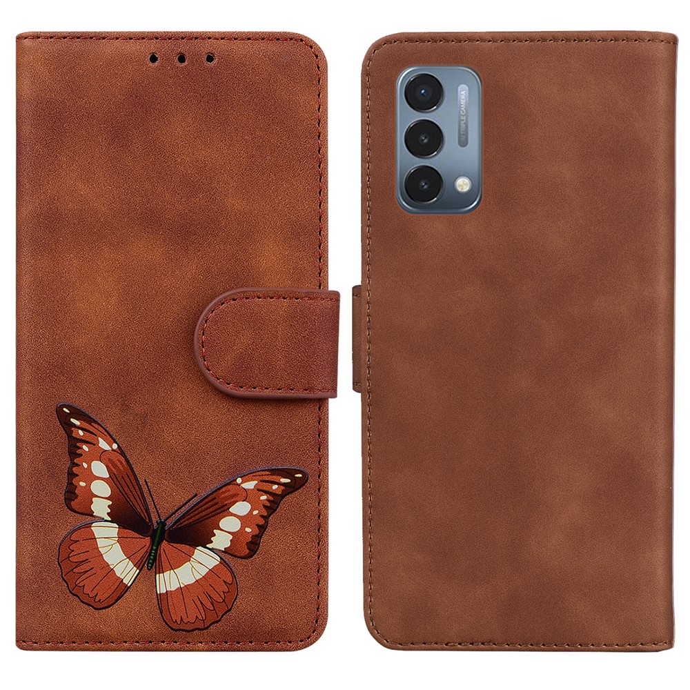 Big Butterfly Pattern Printing Shock Absorbing Skin-touch PU Leather Phone Cover Wallet Stand Shell for OnePlus Nord N200 5G - Brown-1