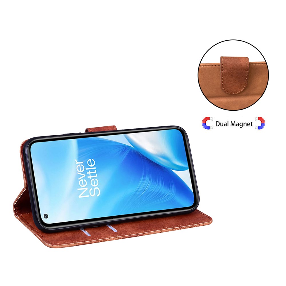 Big Butterfly Pattern Printing Shock Absorbing Skin-touch PU Leather Phone Cover Wallet Stand Shell for OnePlus Nord N200 5G - Brown-4
