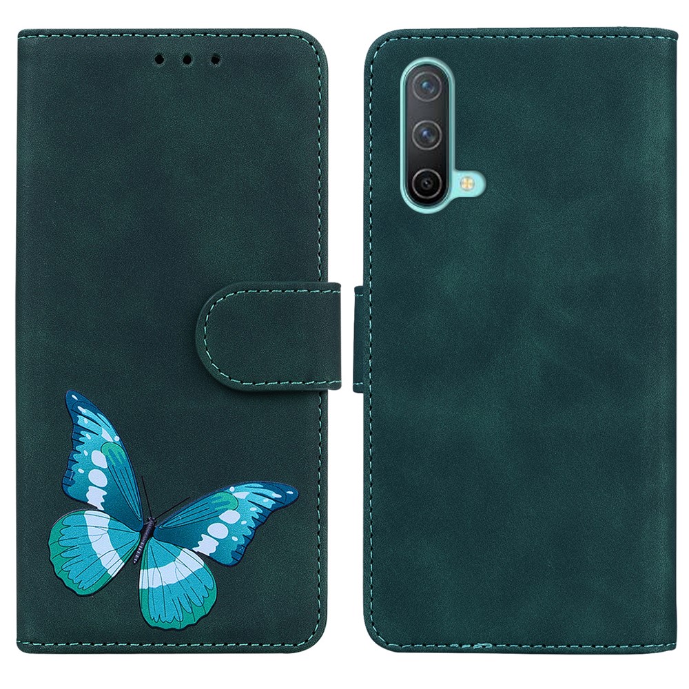 Butterfly Pattern Printing Dual-sided Magnetic Clasp Anti-scratch Skin-touch PU Leather Phone Cover with Stand for OnePlus Nord CE 5G - Green-1