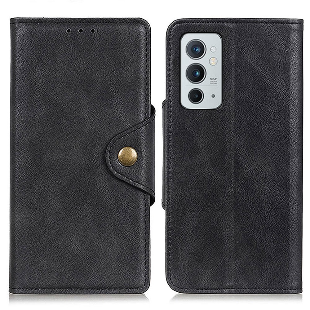 Brass Buckle Magnetic Closure Wallet Stand PU Leather + TPU Phone Protective Shell Case for OnePlus 9RT 5G - Black-1