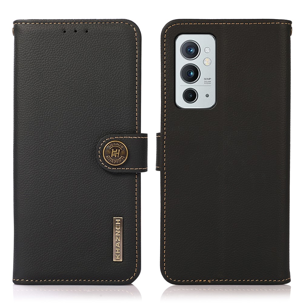 KHAZNEH RFID Blocking Anti-swiping Stand Top Layer Genuine Leather Wallet Flip Case Cover for OnePlus 9RT 5G - Black-1