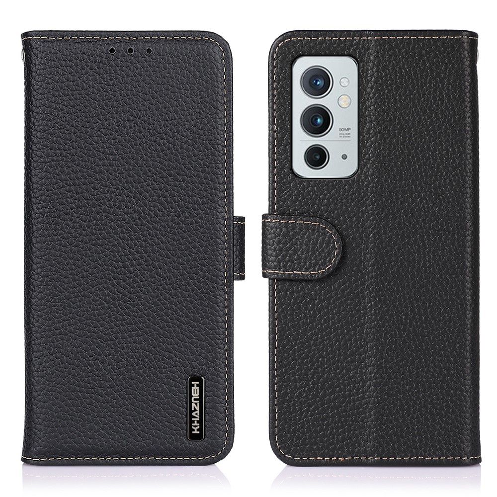 KHAZNEH Litchi Texture Top Layer Genuine Leather Wallet Stand Magnetic Closure Flip Cover for OnePlus 9RT 5G - Black-1