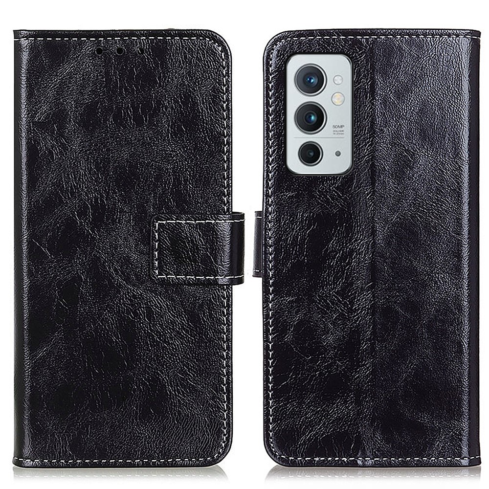 Crazy Horse Texture Anti-fall Vintage Style PU Leather Wallet Stand Flip Phone Shell Case for OnePlus 9RT 5G - Black-1