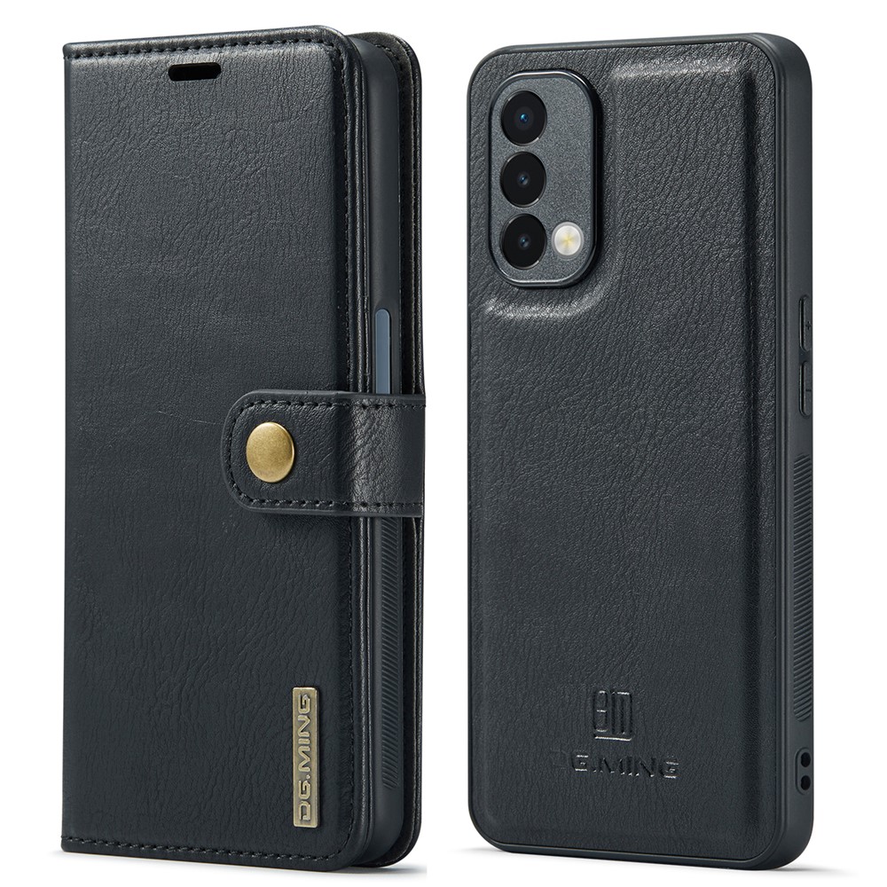 DG.MING Stand Wallet Split Leather Cover Detachable Phone Case for OnePlus Nord N200 5G - Black-1