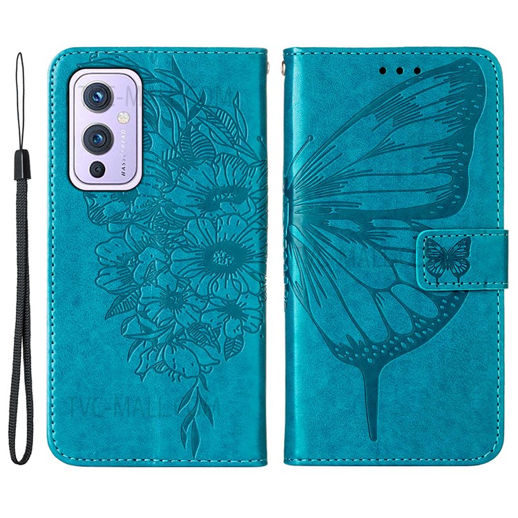 Imprinting Butterfly Flower Pattern PU Leather Stand Wallet Case Phone Cover with Hand Strap for OnePlus 9 (EU / US Version) - Blue-1
