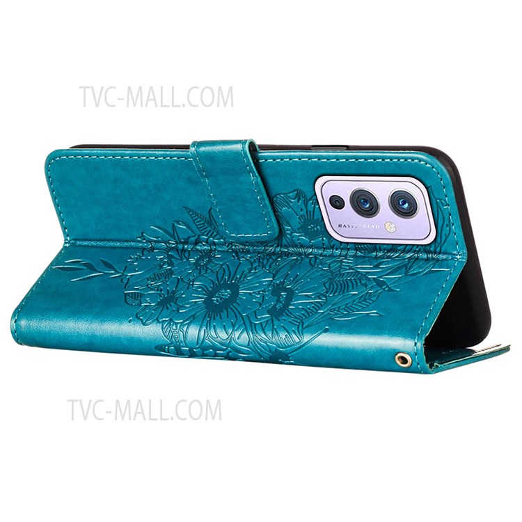 Imprinting Butterfly Flower Pattern PU Leather Stand Wallet Case Phone Cover with Hand Strap for OnePlus 9 (EU / US Version) - Blue-5