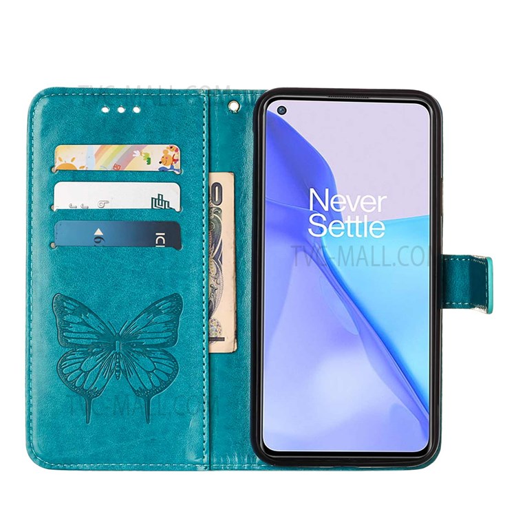 Imprinting Butterfly Flower Pattern PU Leather Stand Wallet Case Phone Cover with Hand Strap for OnePlus 9 (EU / US Version) - Blue-6