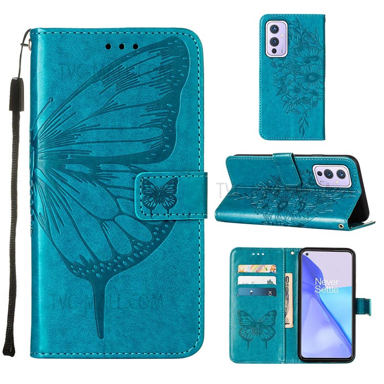 Imprinting Butterfly Flower Pattern PU Leather Stand Wallet Case Phone Cover with Hand Strap for OnePlus 9 (EU / US Version) - Blue-9