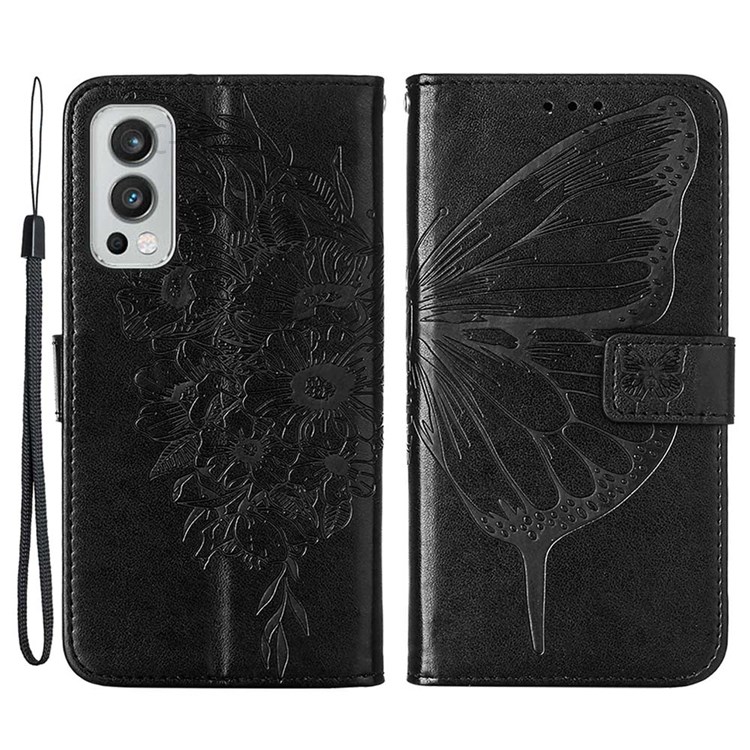 Flip Phone Cover Butterfly Flower Imprinted Leather Stand Wallet Case for OnePlus Nord 2 5G - Black-1