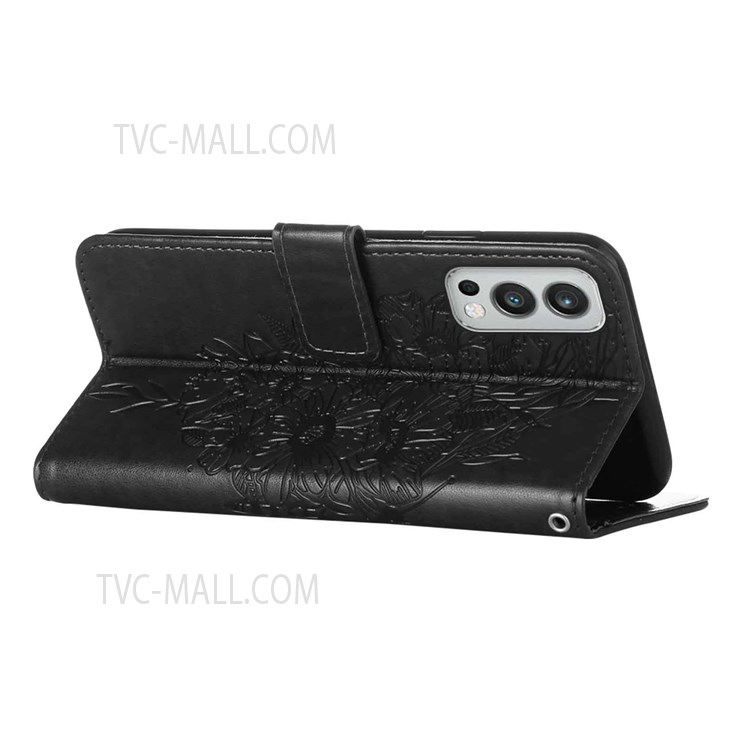 Flip Phone Cover Butterfly Flower Imprinted Leather Stand Wallet Case for OnePlus Nord 2 5G - Black-5