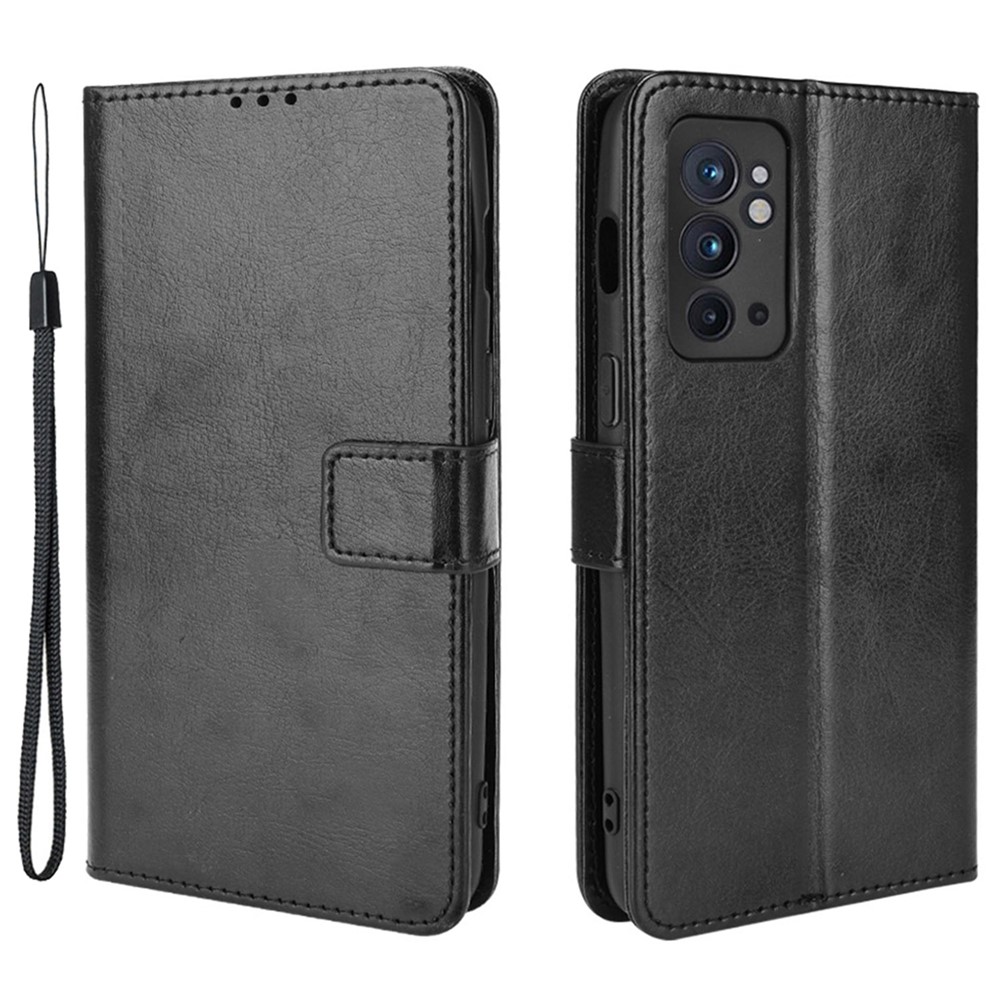 Wallet Magnetic Supporting Stand Crazy Horse Texture PU Leather Anti-Scratch Case with Wrist Strap for OnePlus 9RT 5G - Black-1