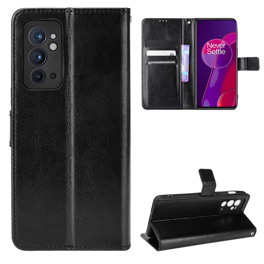 Wallet Magnetic Supporting Stand Crazy Horse Texture PU Leather Anti-Scratch Case with Wrist Strap for OnePlus 9RT 5G - Black-8