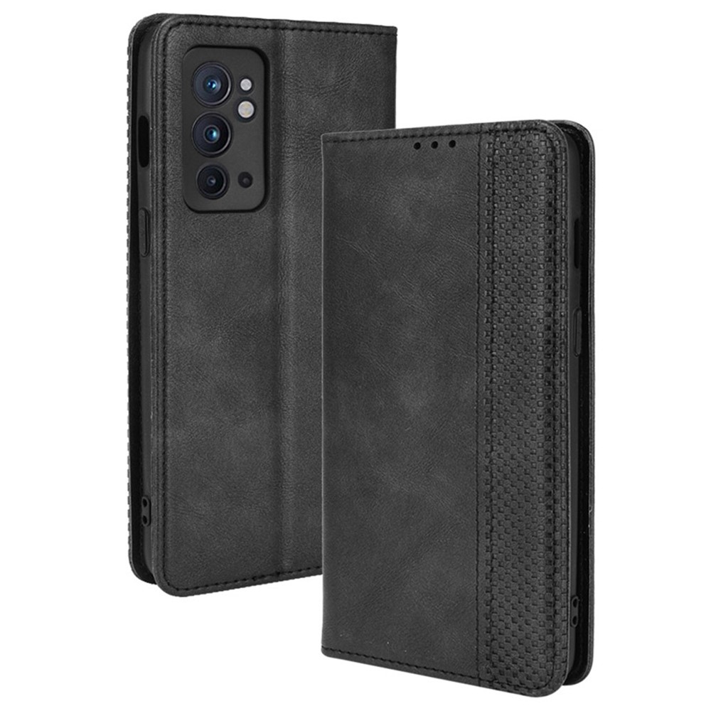 Retro Textured Surface Flip Phone Anti-Drop Leather Case Wallet Stand Protective Cover for OnePlus 9RT 5G - Black-1