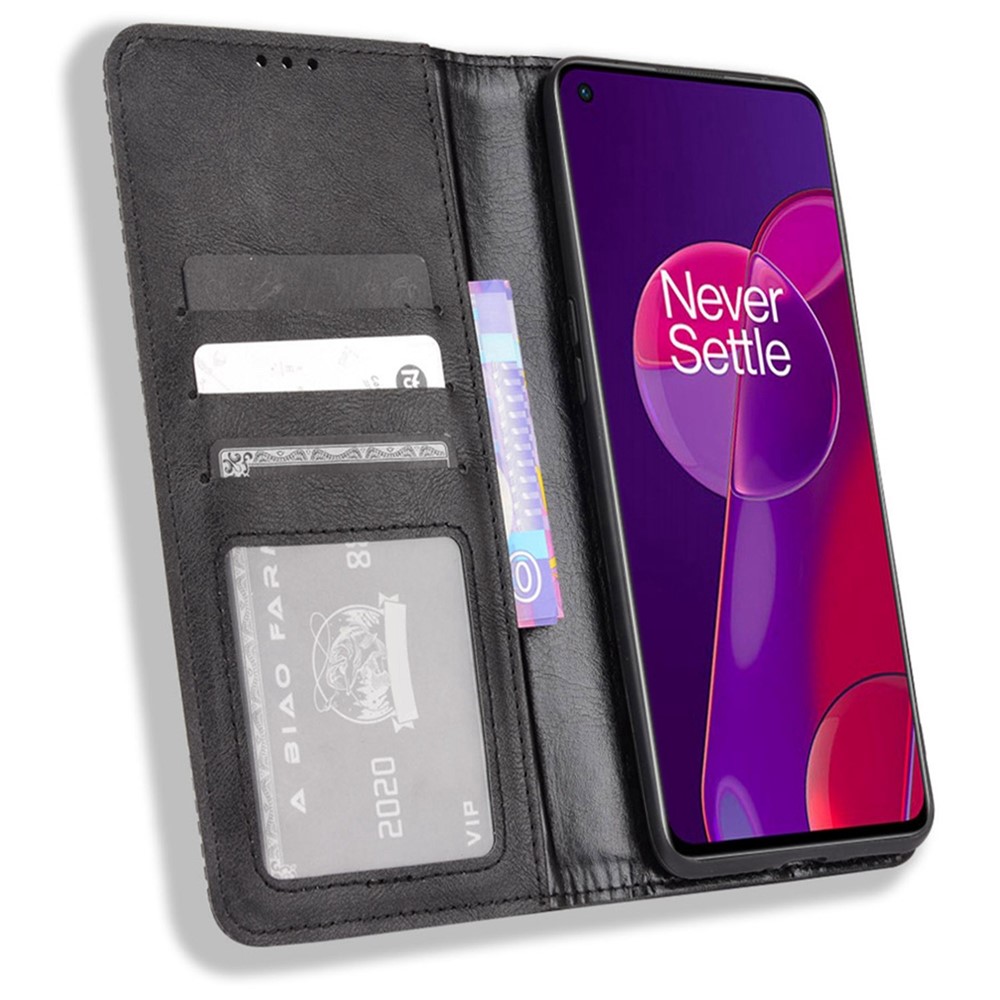 Retro Textured Surface Flip Phone Anti-Drop Leather Case Wallet Stand Protective Cover for OnePlus 9RT 5G - Black-4