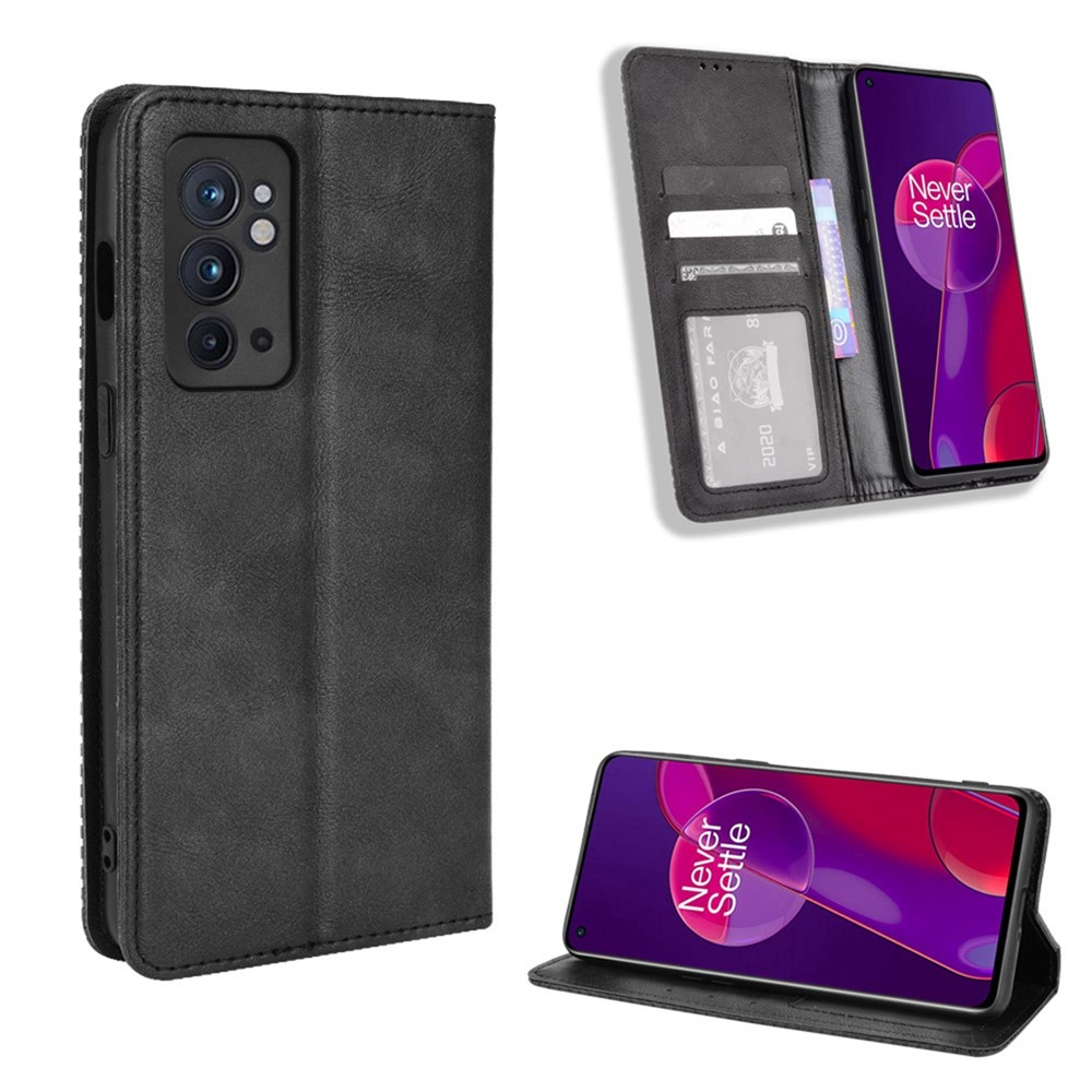 Retro Textured Surface Flip Phone Anti-Drop Leather Case Wallet Stand Protective Cover for OnePlus 9RT 5G - Black-8