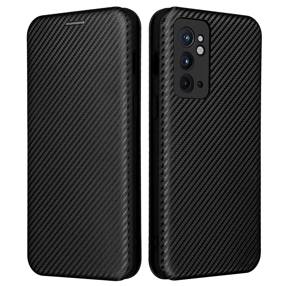 Card Holder Design Carbon Fiber Texture PU Leather Magnetic Auto Closing Stand Flip Case with Strap for OnePlus 9RT 5G - Black-1