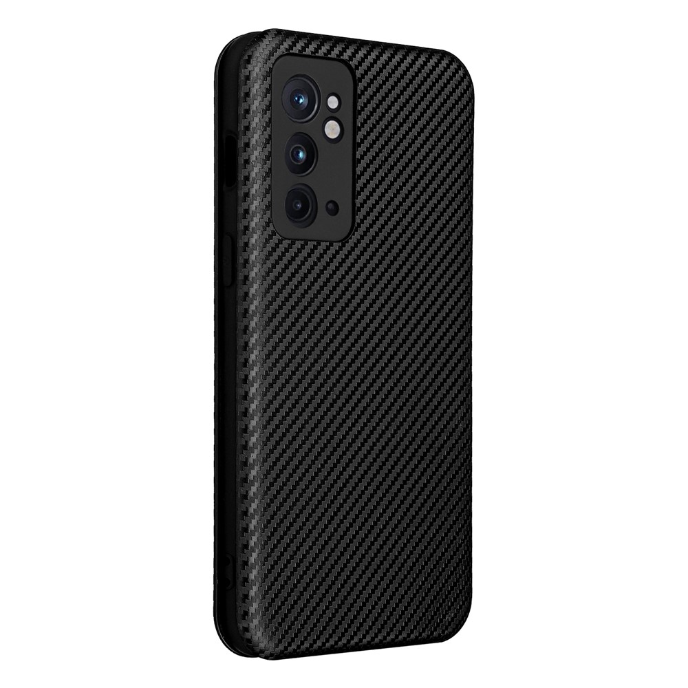 Card Holder Design Carbon Fiber Texture PU Leather Magnetic Auto Closing Stand Flip Case with Strap for OnePlus 9RT 5G - Black-3
