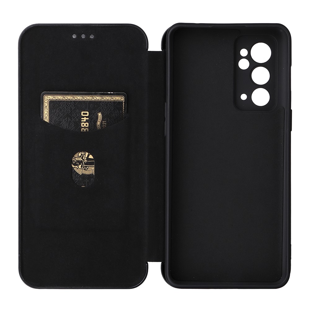 Card Holder Design Carbon Fiber Texture PU Leather Magnetic Auto Closing Stand Flip Case with Strap for OnePlus 9RT 5G - Black-5