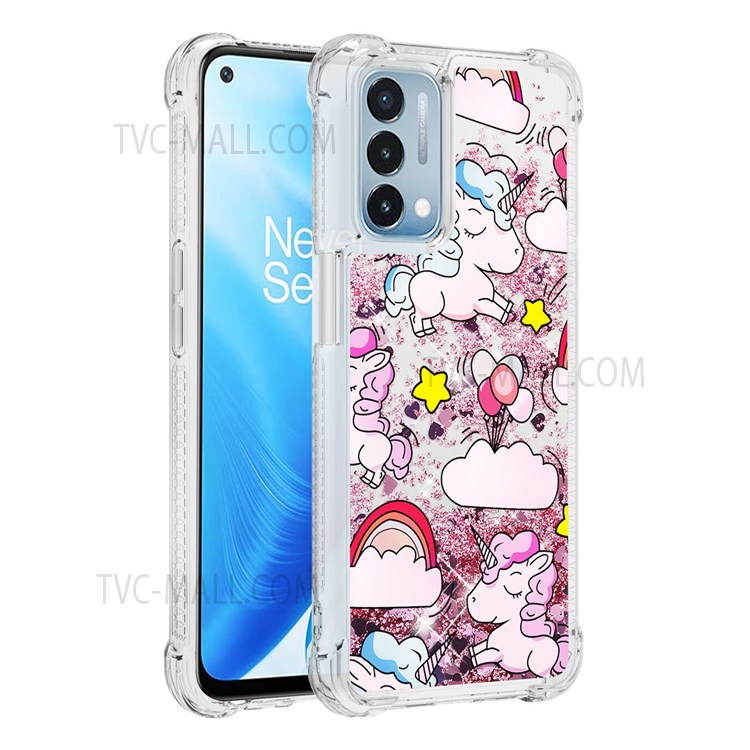 Pattern Printing Quicksand Moving Glitter Case Four Corners Drop-proof Durable TPU Cover for OnePlus Nord N200 5G - Unicorns and Balloon-1